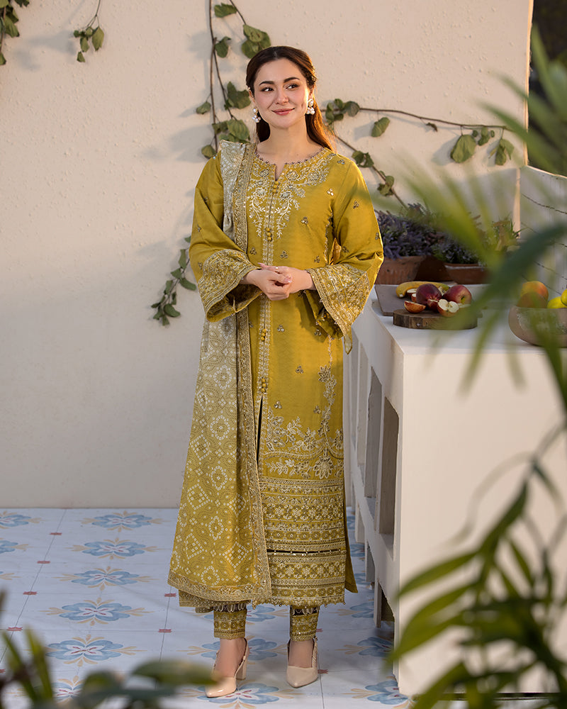 JADE-3PC LAWN SEQUIN EMBROIDERED SHIRT WITH CHIFFON PRINTED EMB DUPATTA & TROUSER-BIC-4528
