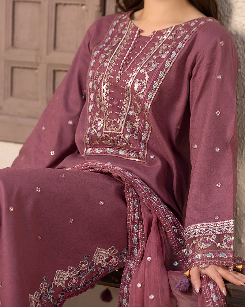 JADE-3PC LAWN SEQUENCE EMBROIDERED SHIRT WITH CHIFFON EMBROIDERED DUPATTA AND TROUSER-BIC-3744