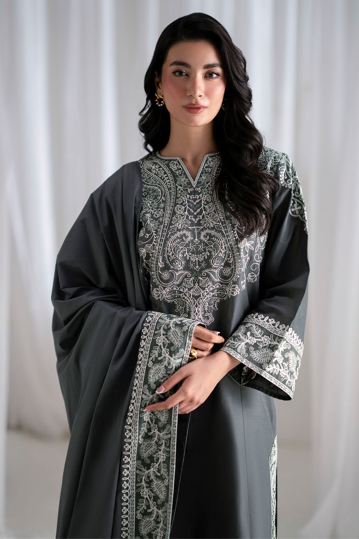 CROSS STITCH-3PC DHANAK EMBROIDERED SHIRT WITH DHANAK EMBROIDERED SHAWL AND TROUSER-BIC-5286