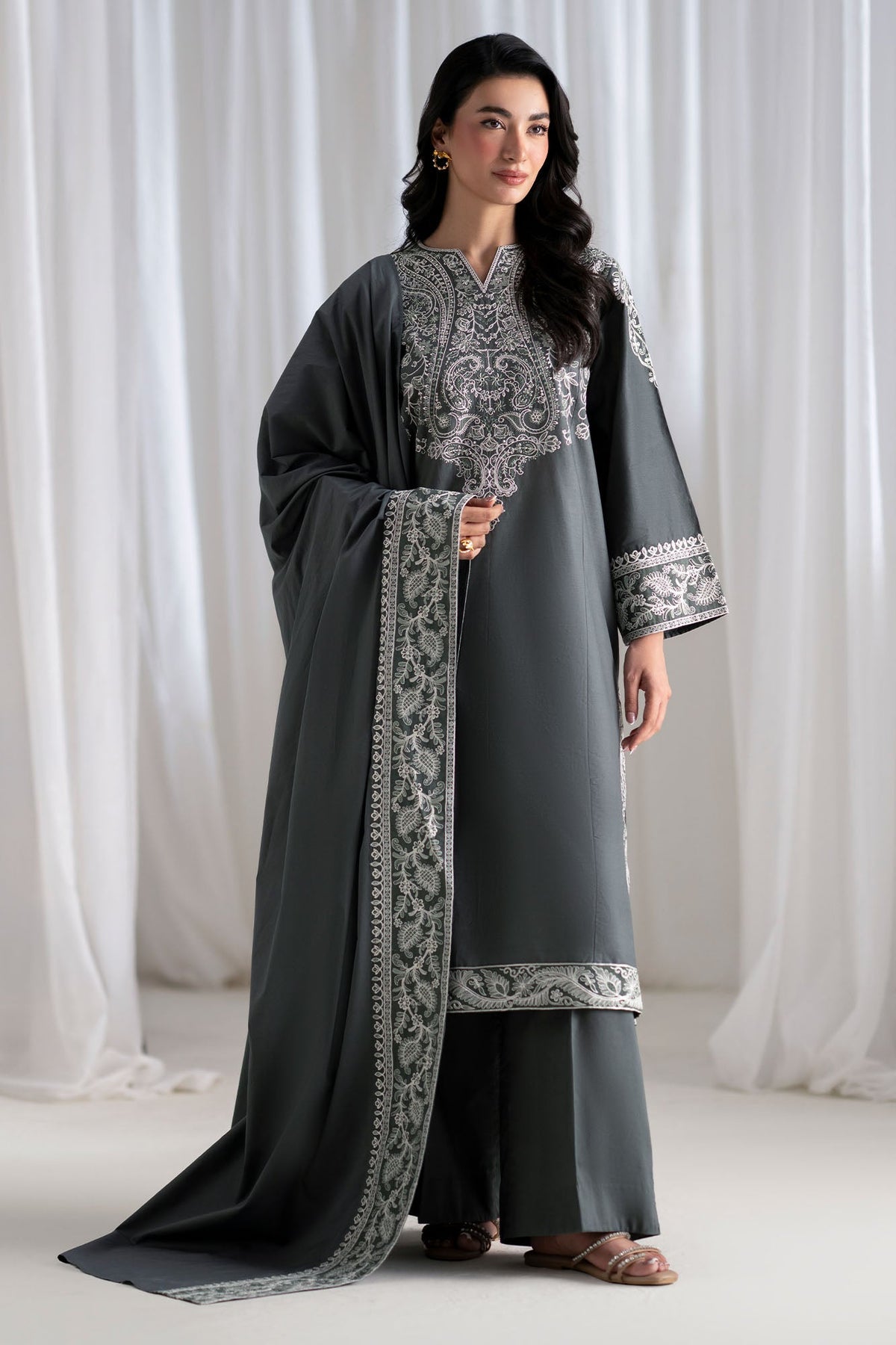 CROSS STITCH-3PC DHANAK EMBROIDERED SHIRT WITH DHANAK EMBROIDERED SHAWL AND TROUSER-BIC-5286