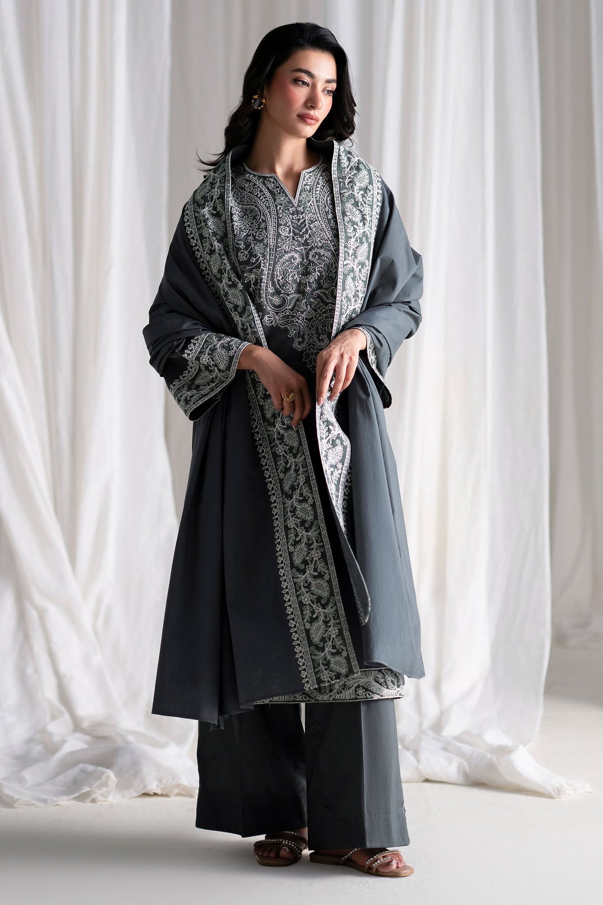 CROSS STITCH-3PC DHANAK EMBROIDERED SHIRT WITH DHANAK EMBROIDERED SHAWL AND TROUSER-BIC-5286