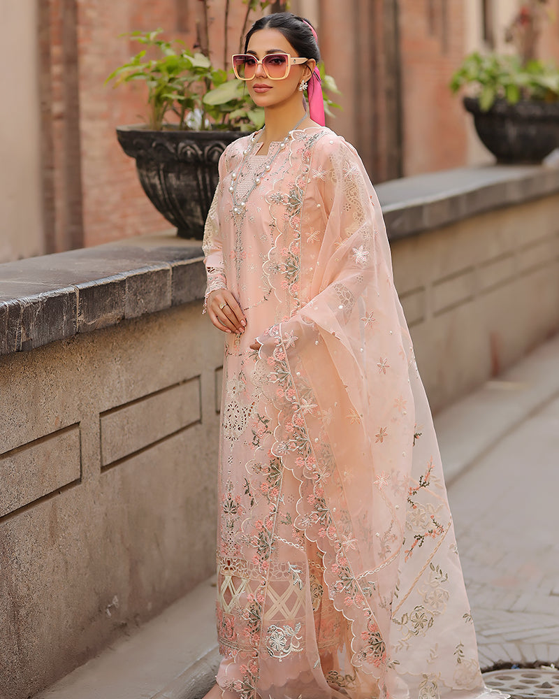 QALAMQAR-3PC LAWN CHIKAN EMBROIDERED SHIRT WITH KHADDI NET EMB DUPATTA AND TROUSER-BIC-4718