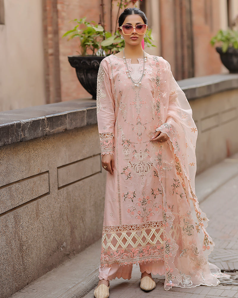 QALAMQAR-3PC LAWN CHIKAN EMBROIDERED SHIRT WITH KHADDI NET EMB DUPATTA AND TROUSER-BIC-4718