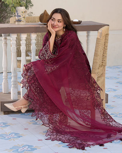 QALAMQAR-3PC LAWN EMBROIDERED SHIRT WITH ORGANZA EMBROIDERED DUAPATTA AND TROUSER-BIC-3727