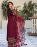 QALAMQAR-3PC DHANAK EMBROIDERED SHIRT WITH ORGANZA EMBROIDERED DUPATTA AND EMB TROUSER-BIC-4092