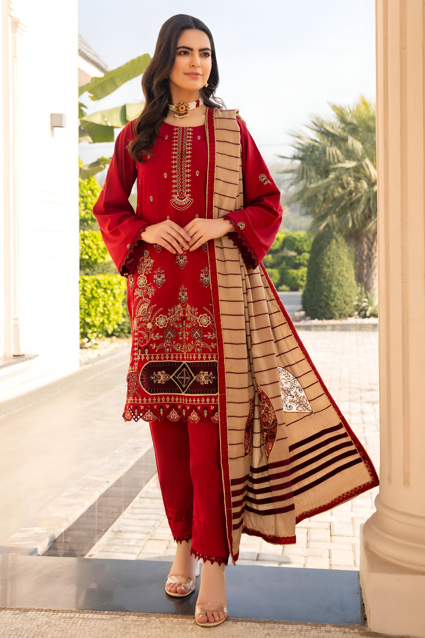 BRANDS INN-3PC DHANAK CUTWORK EMBROIDERED SHIRT WITH HEAVY CUTWORK EMBROIDERED JACQUARD WOOL SHAWL -BIC-1524