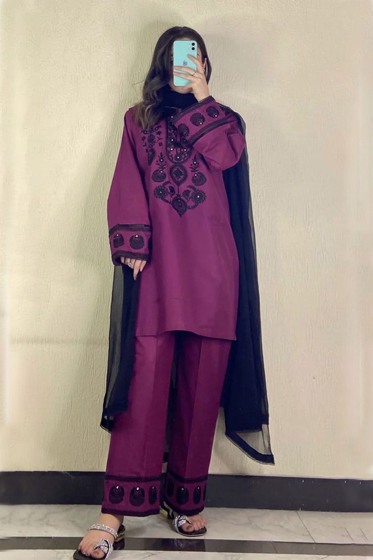 BRANDSINN-3PC DHANAK EMBROIDERED SHIRT WITH CHIFFON  DUPATTA AND EMB TROUSER BIC-4168