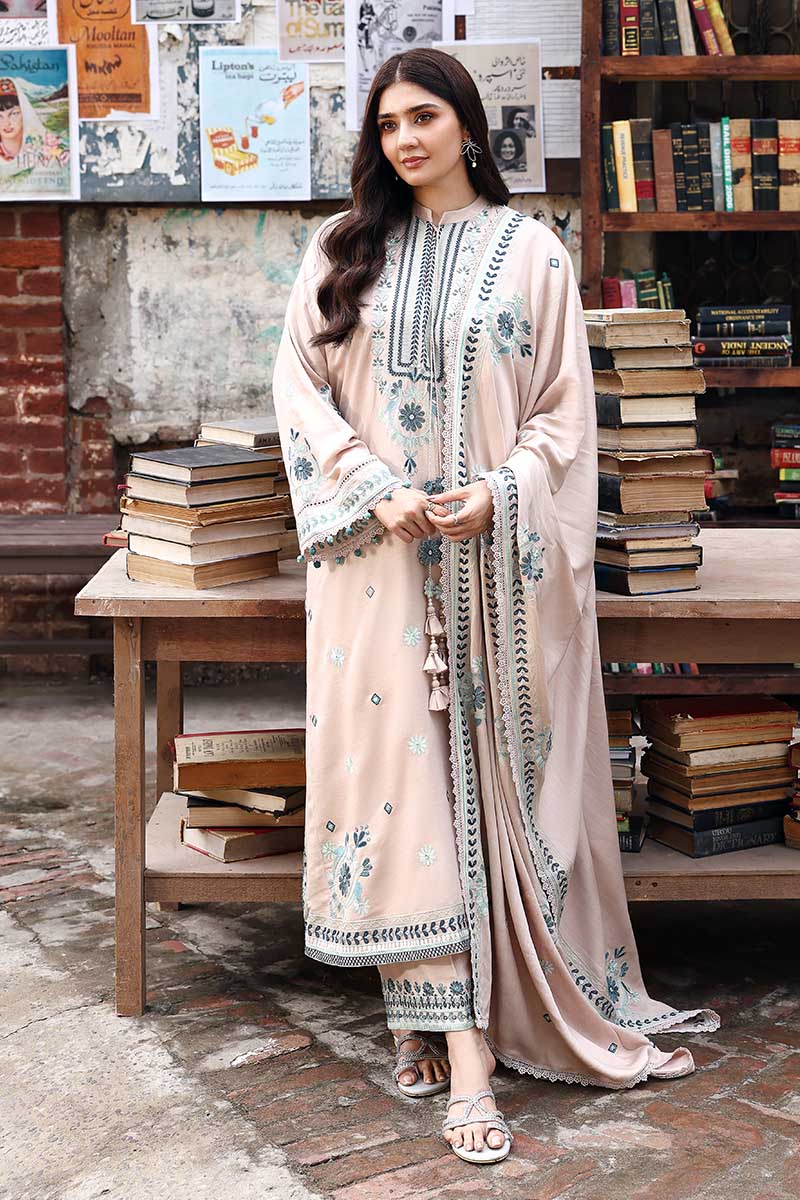 CROSS STITCH-3PC KARANDI EMBROIDERED SHIRT WITH KARANDI EMBROIDERED SHAWL AND EMB TROUSER-BIC-4368