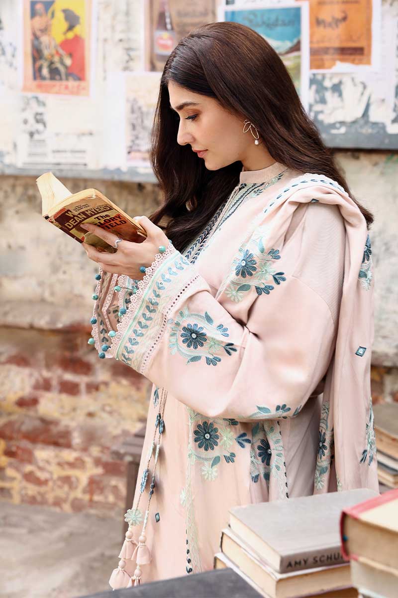CROSS STITCH-3PC KARANDI EMBROIDERED SHIRT WITH KARANDI EMBROIDERED SHAWL AND EMB TROUSER-BIC-4368