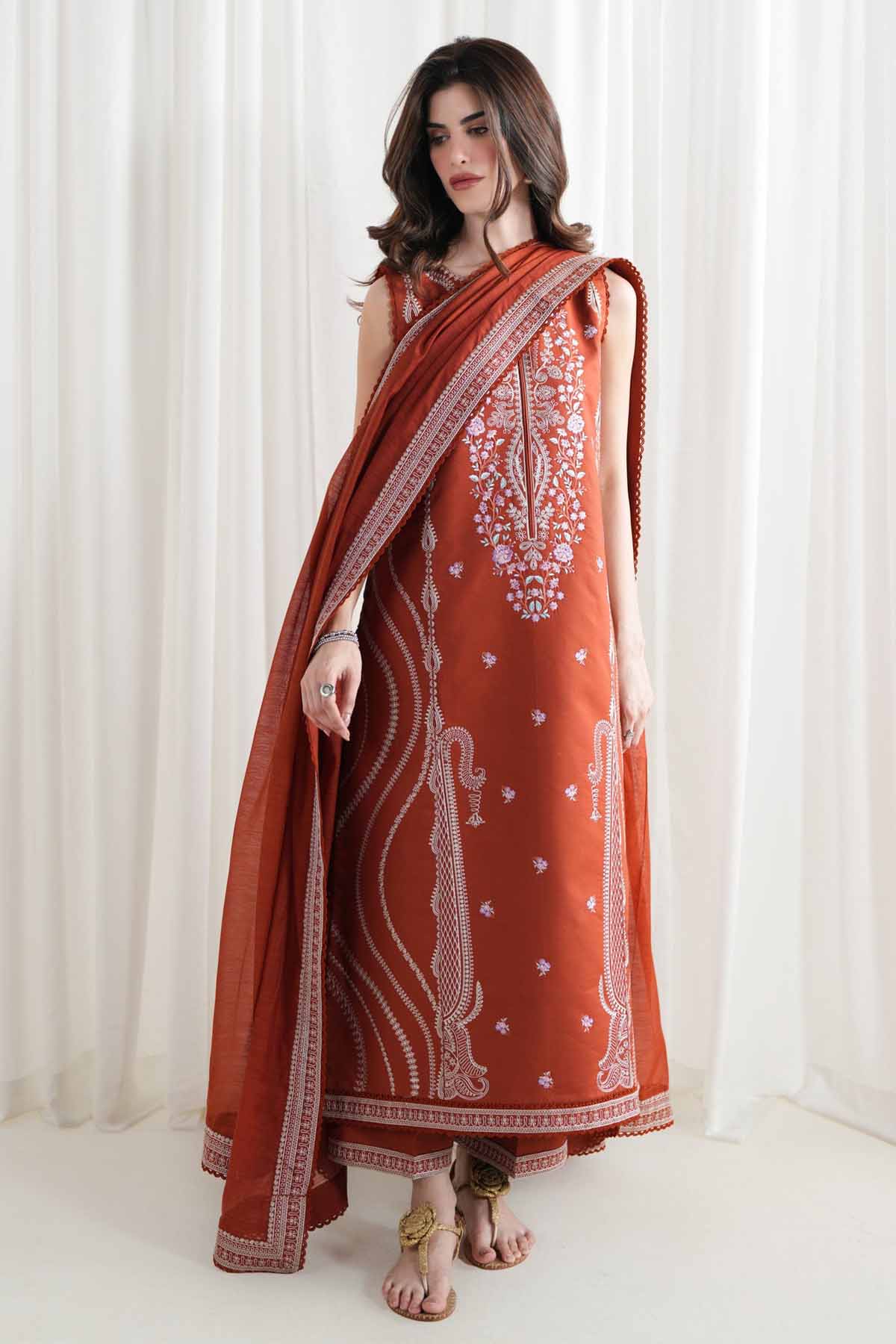 BATIK-3PC DHANAK EMBROIDERED SHIRT WITH DHANAK EMBROIDERED SHAWL AND EMB TROUSER-BIC-5089