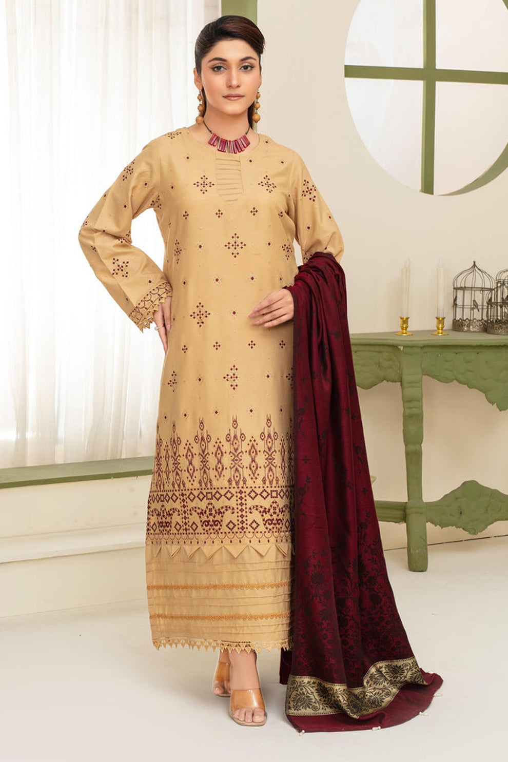 BRANDSINN-3PC DHANAK  EMBROIDERED SHIRT WITH KASHMIRI JACQUARD WOOL SHAWL-BIC-1515