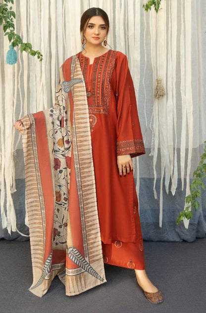 URGE - 3PC DHANAK EMBROIDERED SHIRT WITH COUTURE WOOL PRINT SHAWL AND TROUSER-BIC-2692