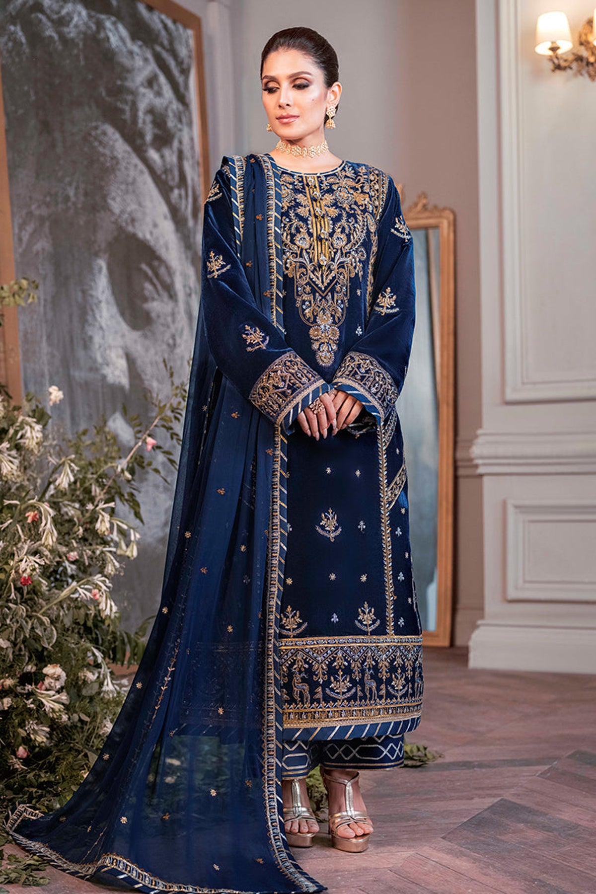ASIM JOFA-3PC VELVET EMBROIDERED SHIRT WITH CHIFFON EMBROIDERED DUPATTA & TROUSER-BIC-4311
