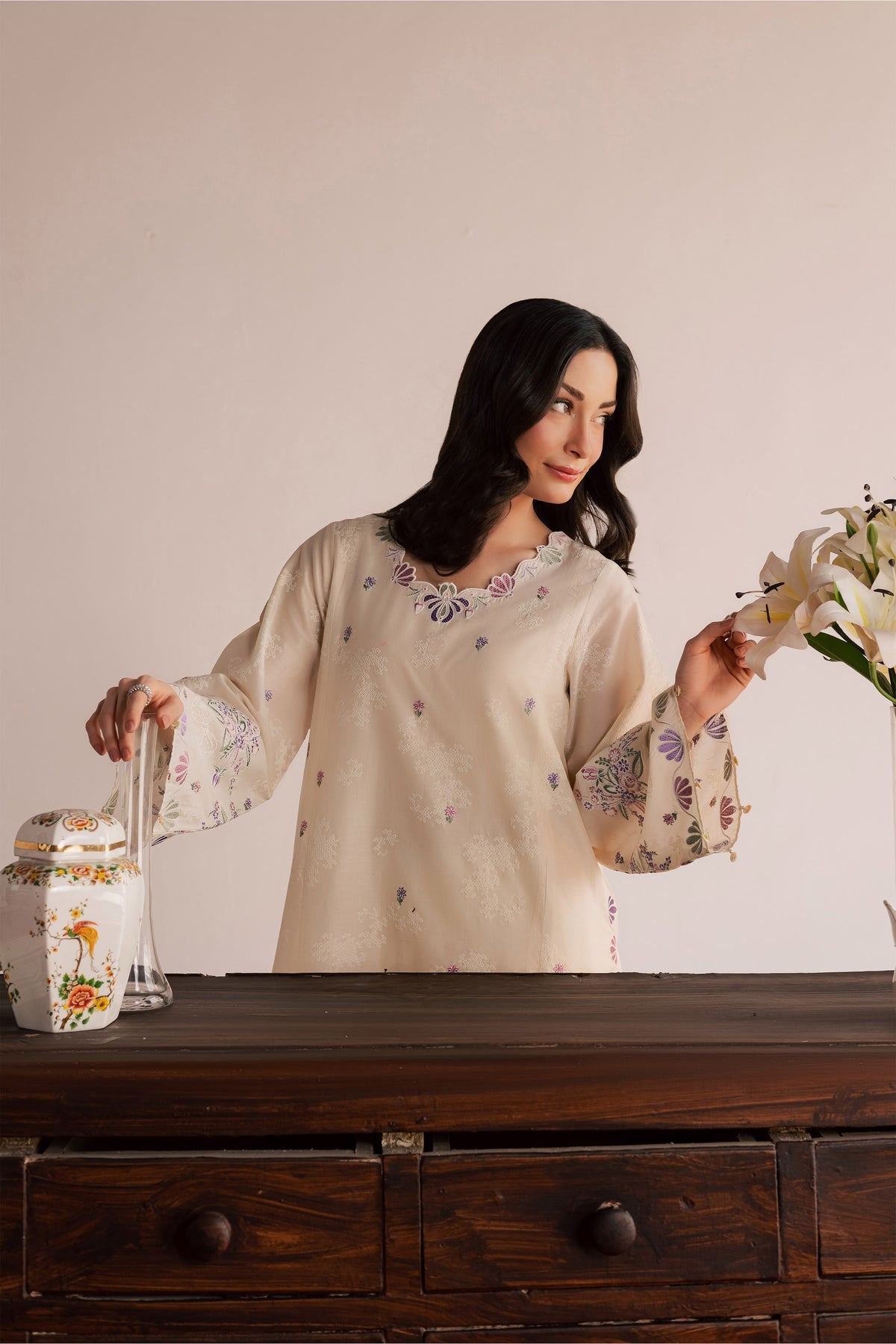 BATIK-2PIECE DHANAK EMBROIDERED SHIRT WITH DHANAK EMB SLEEVES-BIC-15024