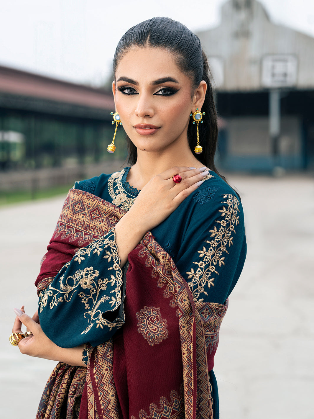IZEL-3PC DHANAK EMBROIDERED SHIRT WITH COURTRAI PRINTED SHAWL & TROUSER-BIC-4226