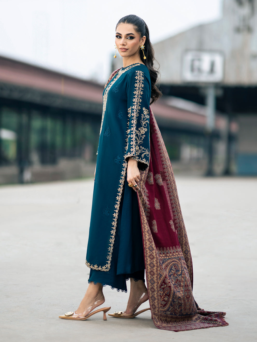 IZEL-3PC DHANAK EMBROIDERED SHIRT WITH COURTRAI PRINTED SHAWL & TROUSER-BIC-4226
