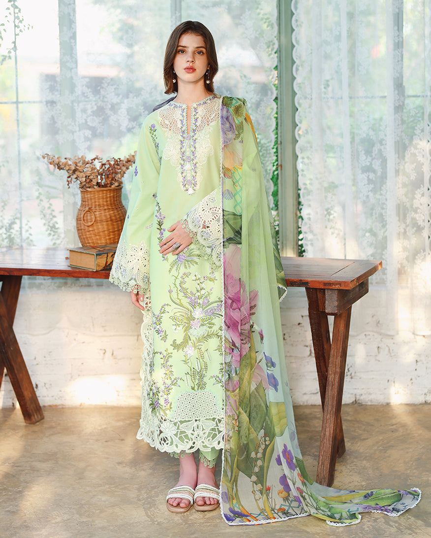 MUSHQ-3PC LAWN EMBROIDERED SHIRT WITH SILK PRINTED DUPATTA AND TROUSER-BIC-4908