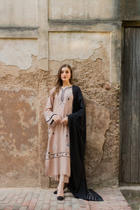 VINTAGE-3PC DHANAK EMBROIDERED SHIRT WITH DHANAK EMBROIDERED SHAWL AND TROUSER-BIC-4421