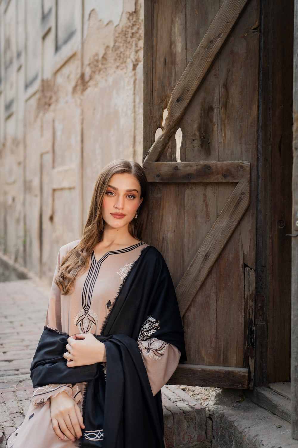 VINTAGE-3PC DHANAK EMBROIDERED SHIRT WITH DHANAK EMBROIDERED SHAWL AND TROUSER-BIC-4421