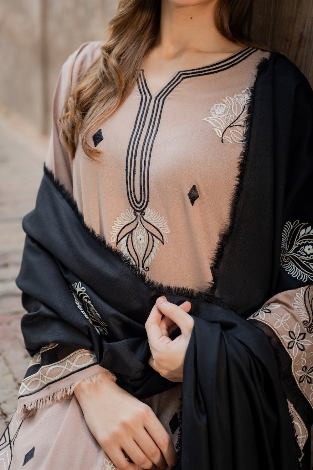 VINTAGE-3PC DHANAK EMBROIDERED SHIRT WITH DHANAK EMBROIDERED SHAWL AND TROUSER-BIC-4421