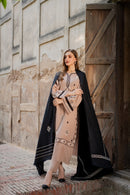 VINTAGE-3PC DHANAK EMBROIDERED SHIRT WITH DHANAK EMBROIDERED SHAWL AND TROUSER-BIC-4421