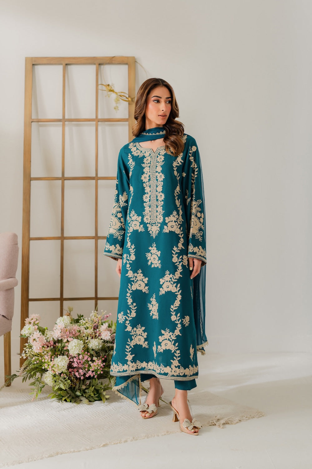 VINTAGE-3PC DHANAK EMBROIDERED SHIRT WITH BAMBER CHIFFON DUPATTA AND TROUSER-BIC-4245