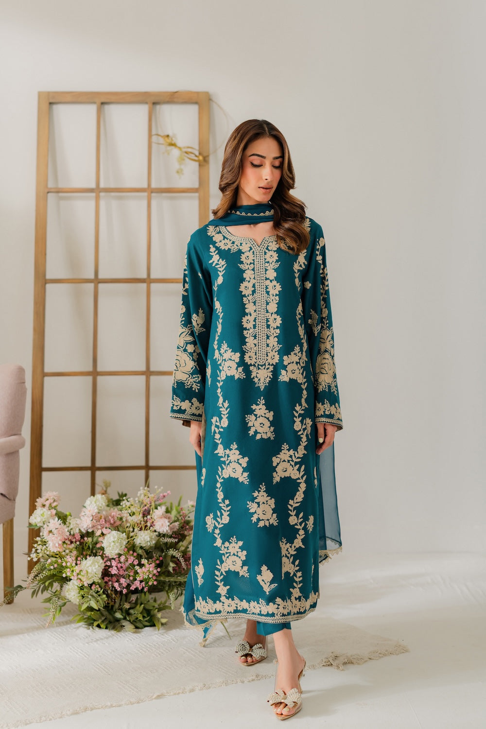 VINTAGE-3PC DHANAK EMBROIDERED SHIRT WITH BAMBER CHIFFON DUPATTA AND TROUSER-BIC-4245