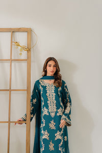 VINTAGE-3PC DHANAK EMBROIDERED SHIRT WITH BAMBER CHIFFON DUPATTA AND TROUSER-BIC-4245