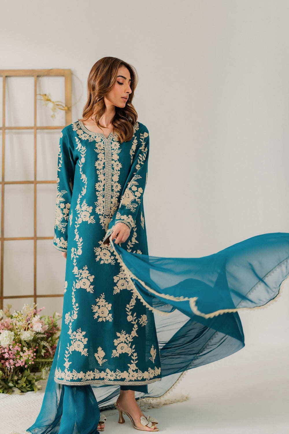 VINTAGE-3PC DHANAK EMBROIDERED SHIRT WITH BAMBER CHIFFON DUPATTA AND TROUSER-BIC-4245