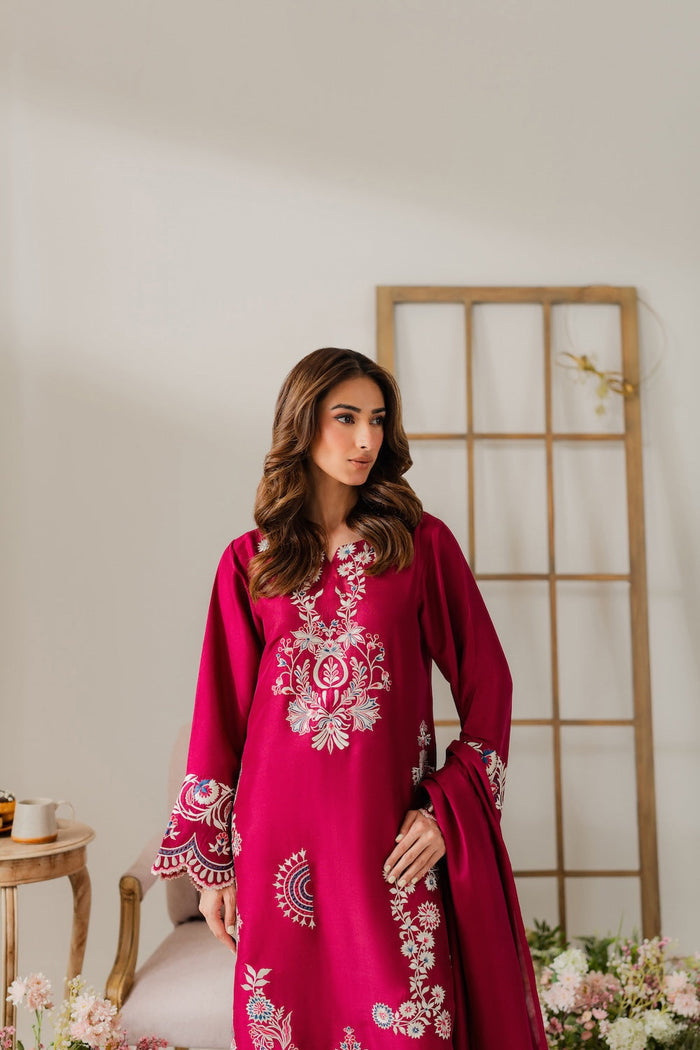 VINTAGE-3PC DHANAK EMBROIDERED SHIRT WITH DHANAK SHAWL AND TROUSER-BIC-4296