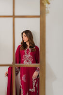 VINTAGE-3PC DHANAK EMBROIDERED SHIRT WITH DHANAK SHAWL AND TROUSER-BIC-4296