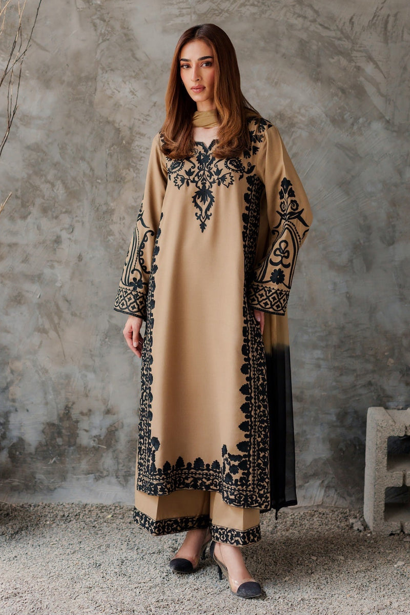 VINTAGE-3PC DHANAK EMBROIDERED SHIRT WITH CHIFFON TYE&DYE DUPATTA AND TROUSER-BIC-5287