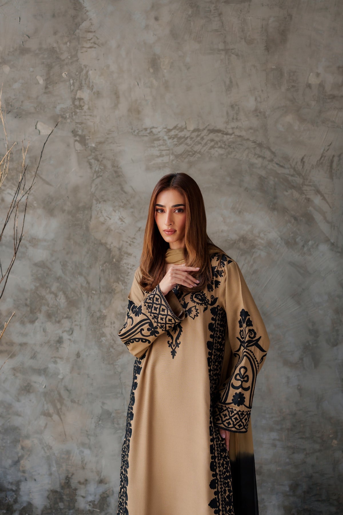 VINTAGE-3PC DHANAK EMBROIDERED SHIRT WITH CHIFFON TYE&DYE DUPATTA AND TROUSER-BIC-5287