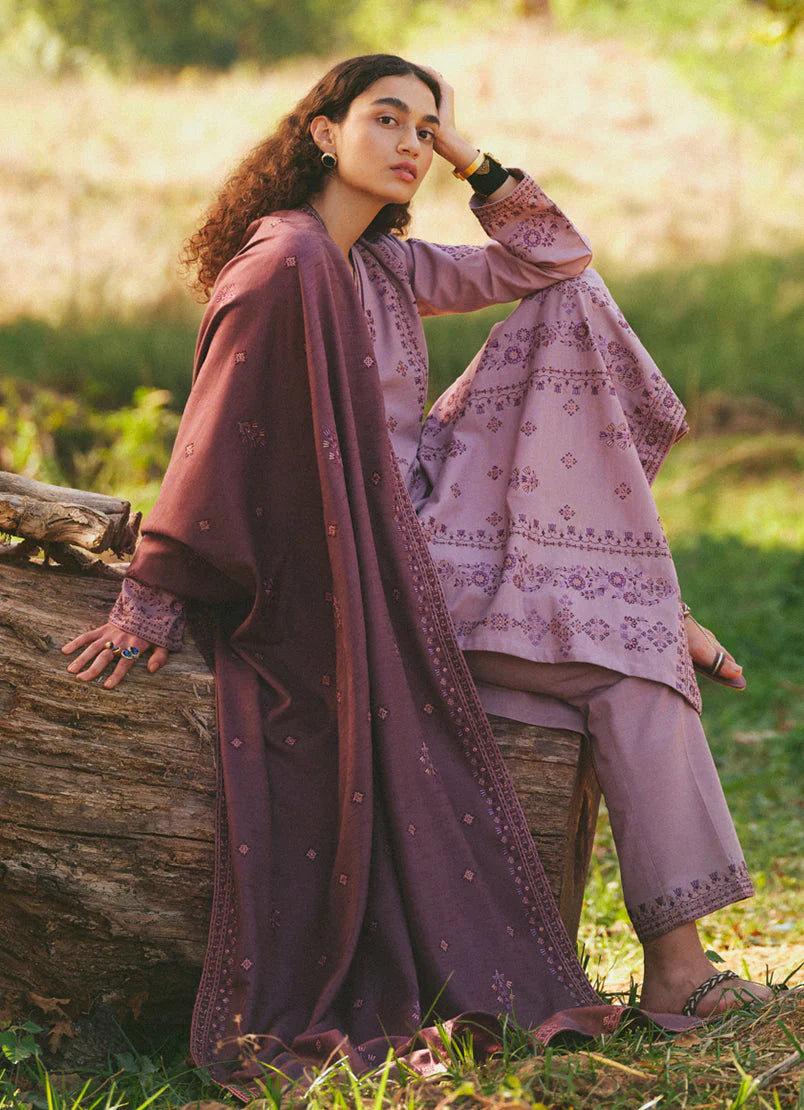 IMAGE-3PC DHANAK EMBROIDERED SHIRT WITH DHANAK EMBROIDERED SHAWL AND TROUSER-BIC-4038