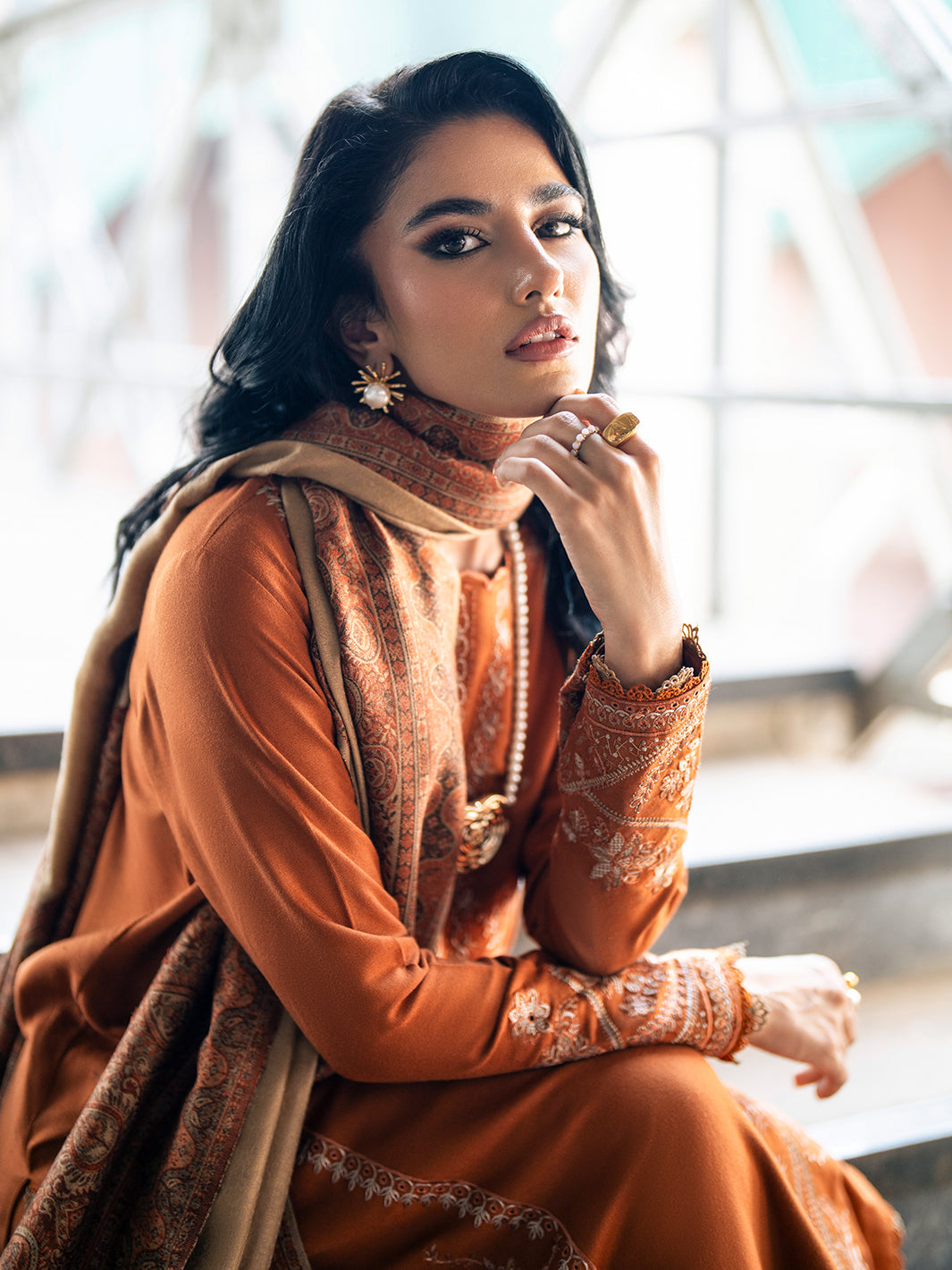 IZEL-3PC DHANAK EMBROIDERED SHIRT WITH COURTRAI PRINTED SHAWL AND TROUSER-BIC-4146