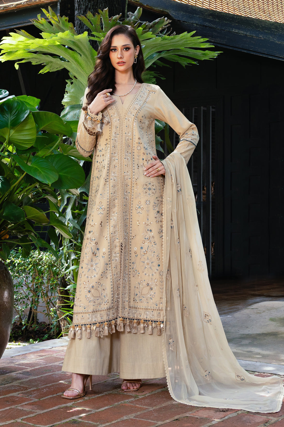 ETHNIC-3PC LAWN EMBROIDERED SHIRT WITH KHAADI NET EMBROIDERED DUPATTA AND TROUSER -BIC-4658