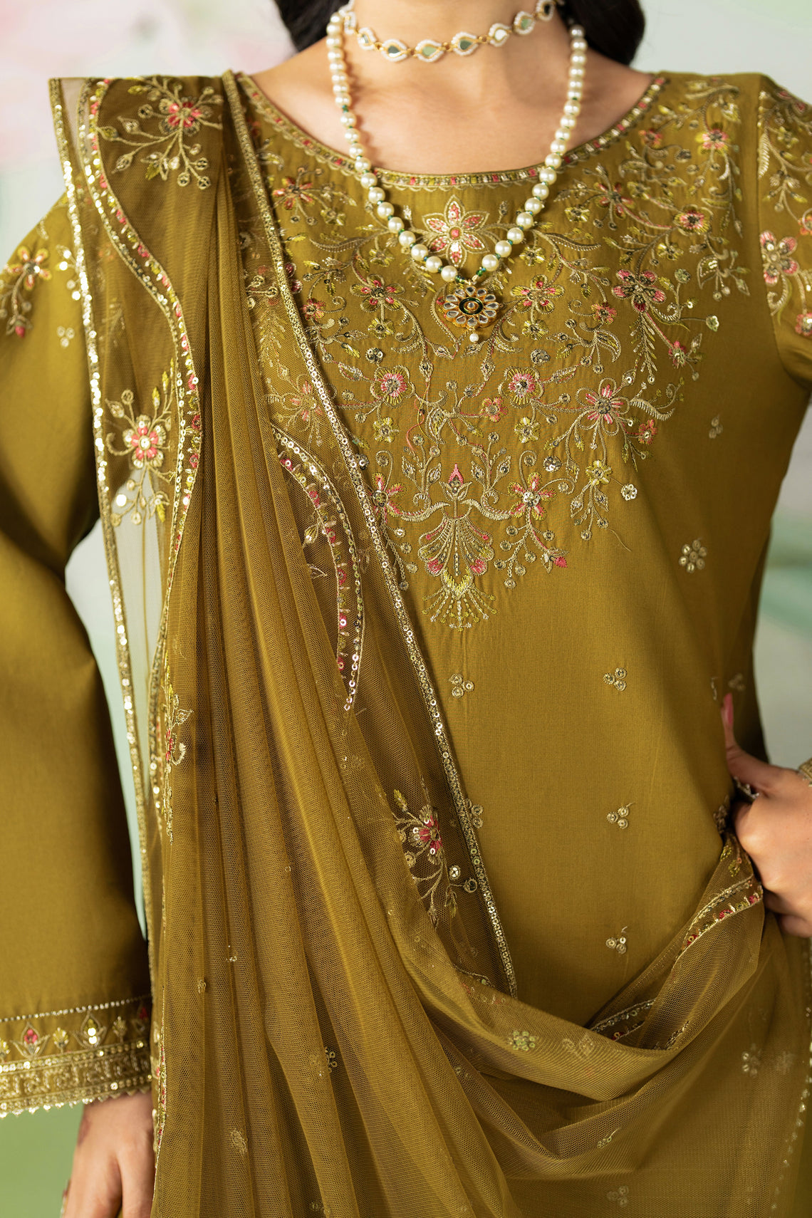 ETHNC-3PC DHANAK SEQUIN EMBROIDERED SHIRT WITH COTTON NET EMBROIDERED DUPATTA AND TROUSER-BIC-4194
