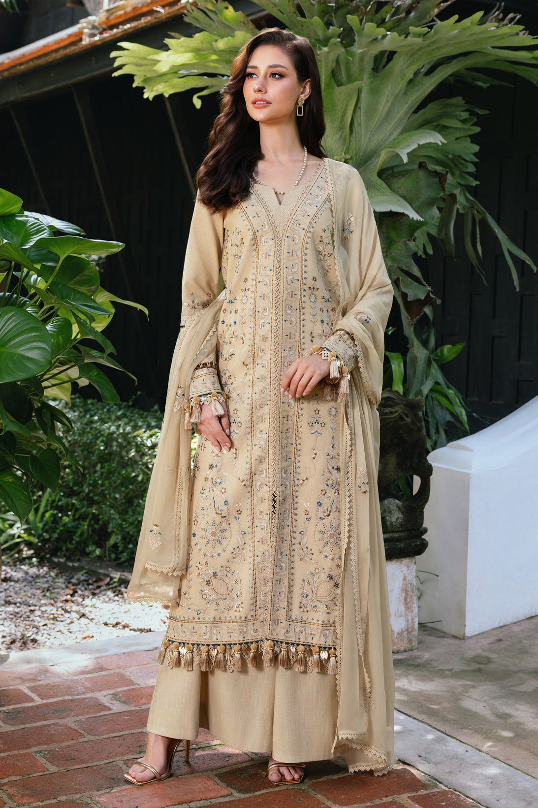 ETHNIC-3PC LAWN EMBROIDERED SHIRT WITH KHAADI NET EMBROIDERED DUPATTA AND TROUSER -BIC-4658