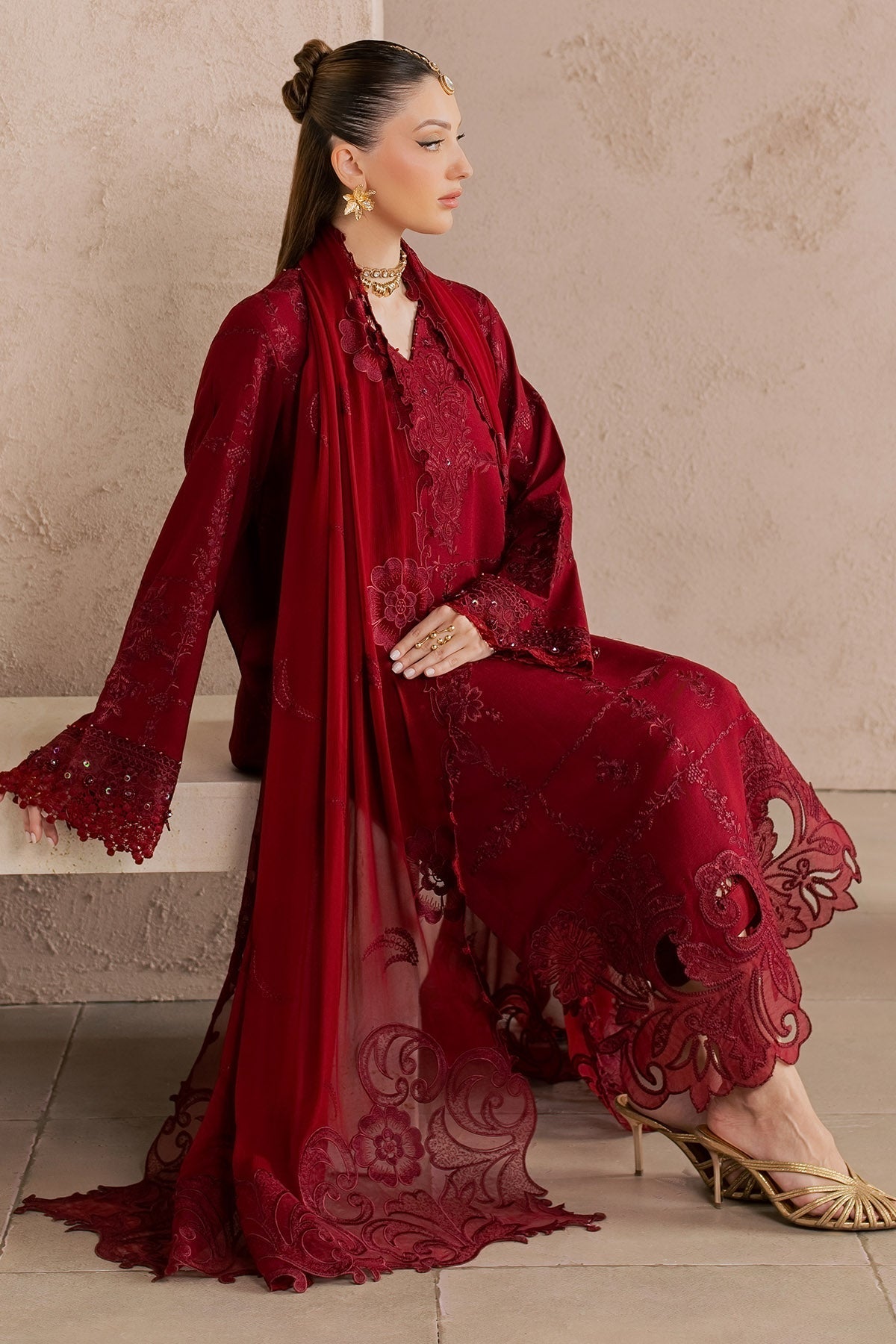 NUREH-3PC DHANAK EMBROIDERED SHIRT WITH DHANAK EMBROIDERED SHAWL AND TROUSER-BIC-5305
