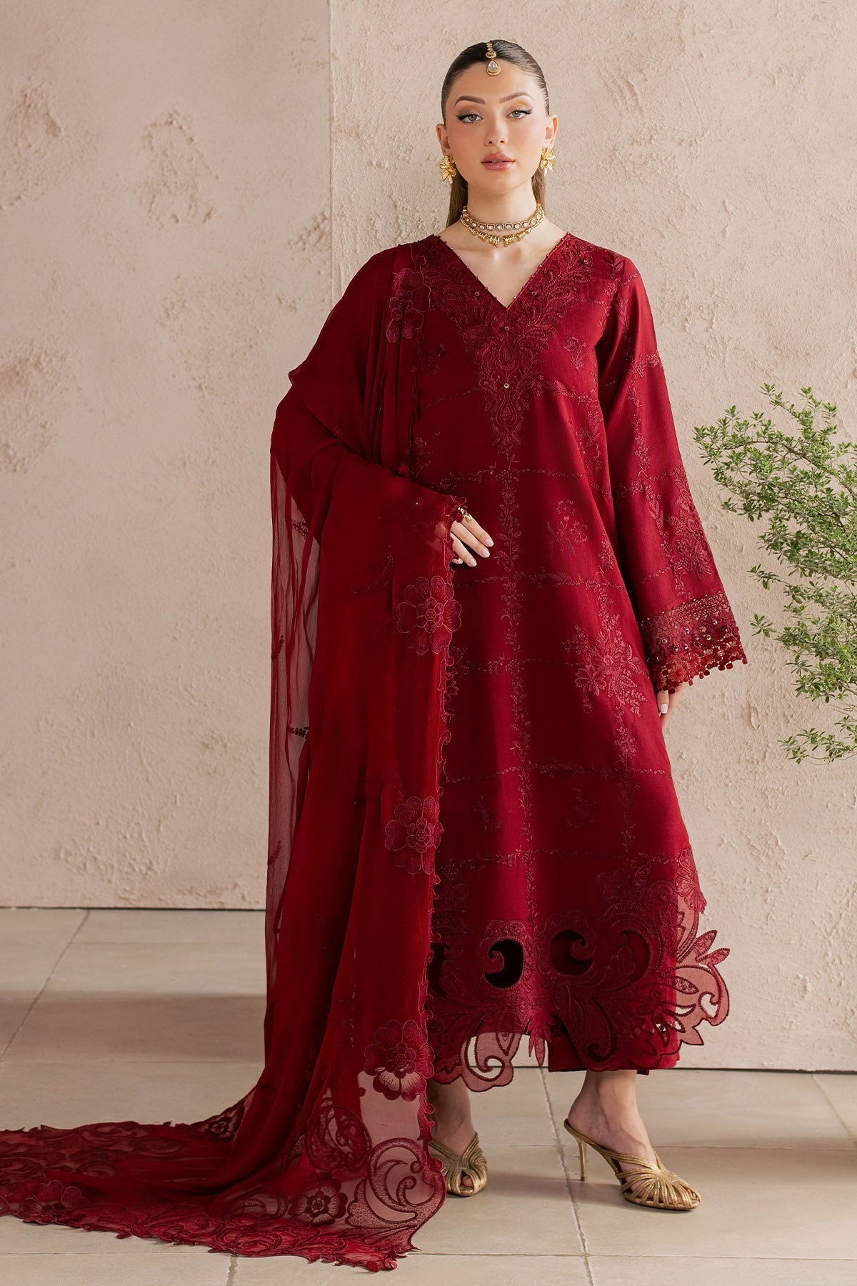 NUREH-3PC DHANAK EMBROIDERED SHIRT WITH DHANAK EMBROIDERED SHAWL AND TROUSER-BIC-5305