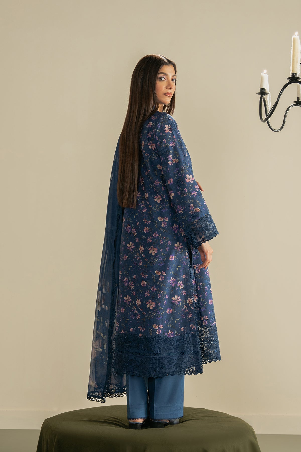 AYZEL-3PC LAWN PRINTED EMB SHIRT WITH SILK PRINTED DUPATTA AND DYED TROUSER-BIC-053