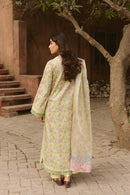 AYZEL-3PC LAWN PRINTED EMB SHIRT WITH SILK PRINTED DUPATTA AND DYED TROUSER-BIC-055