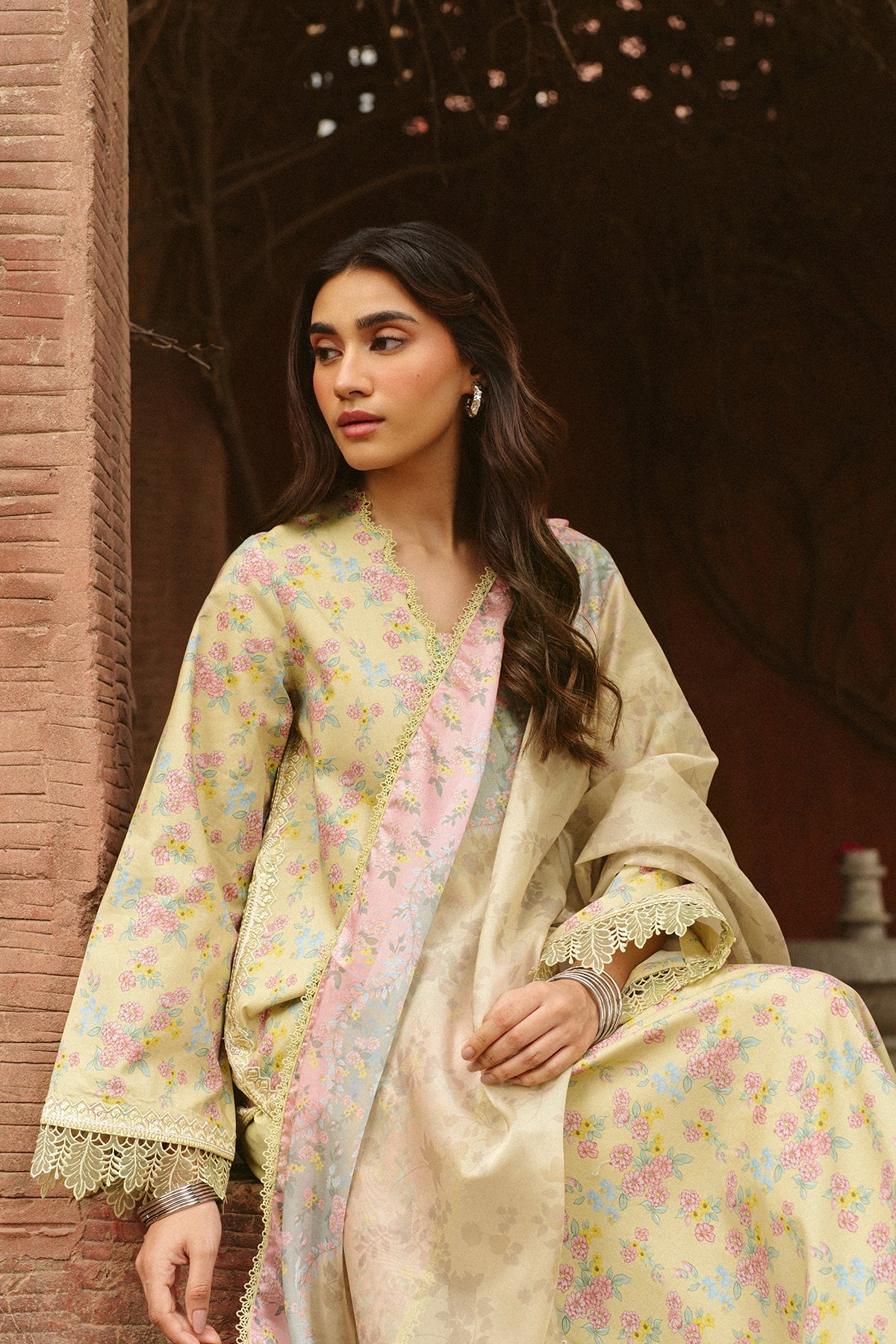 AYZEL-3PC LAWN PRINTED EMB SHIRT WITH SILK PRINTED DUPATTA AND DYED TROUSER-BIC-055