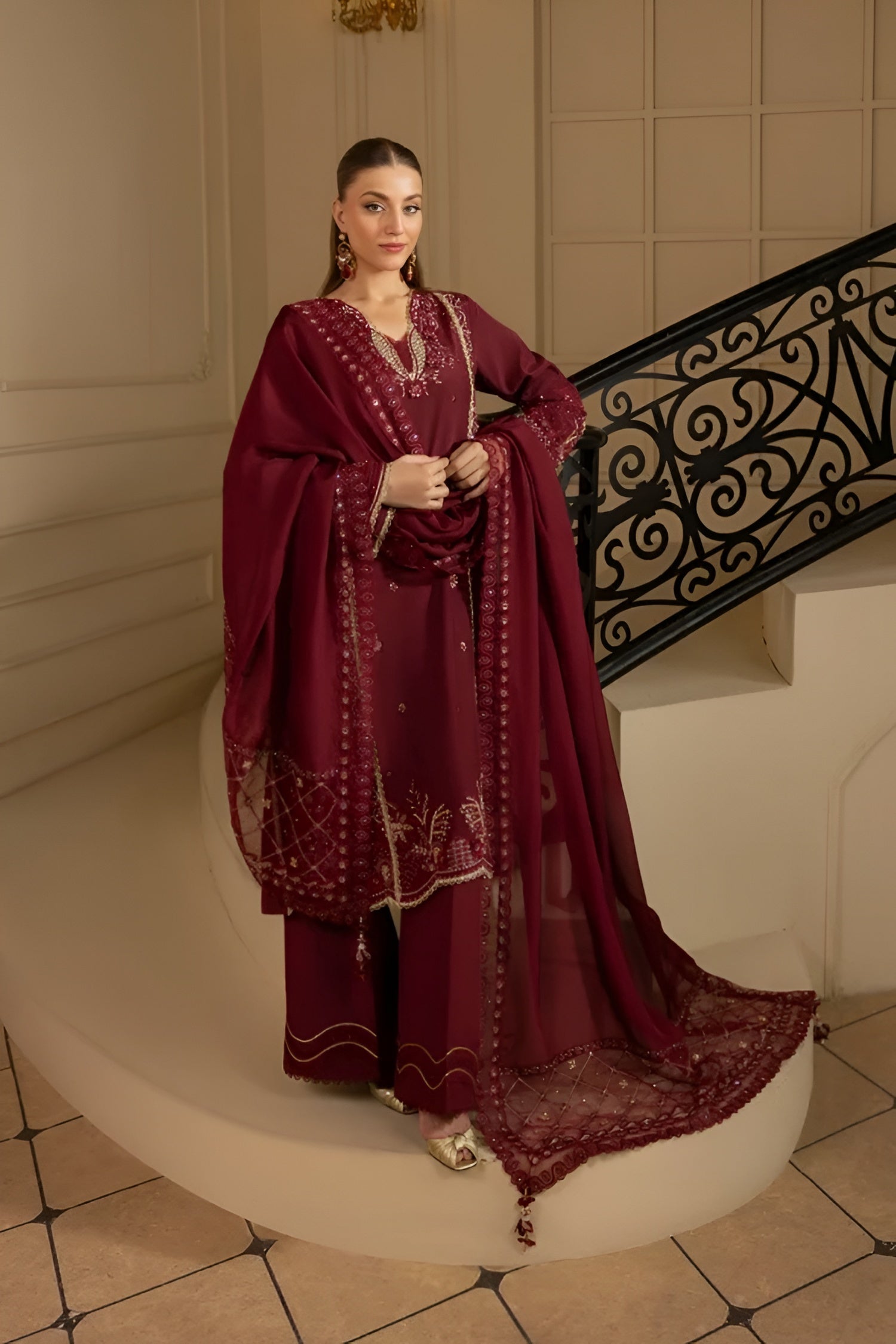 MEHMAL_ROYAL RUBY-RAW SILK HAND EMBELLISHED EMBROIDERED-D-100015