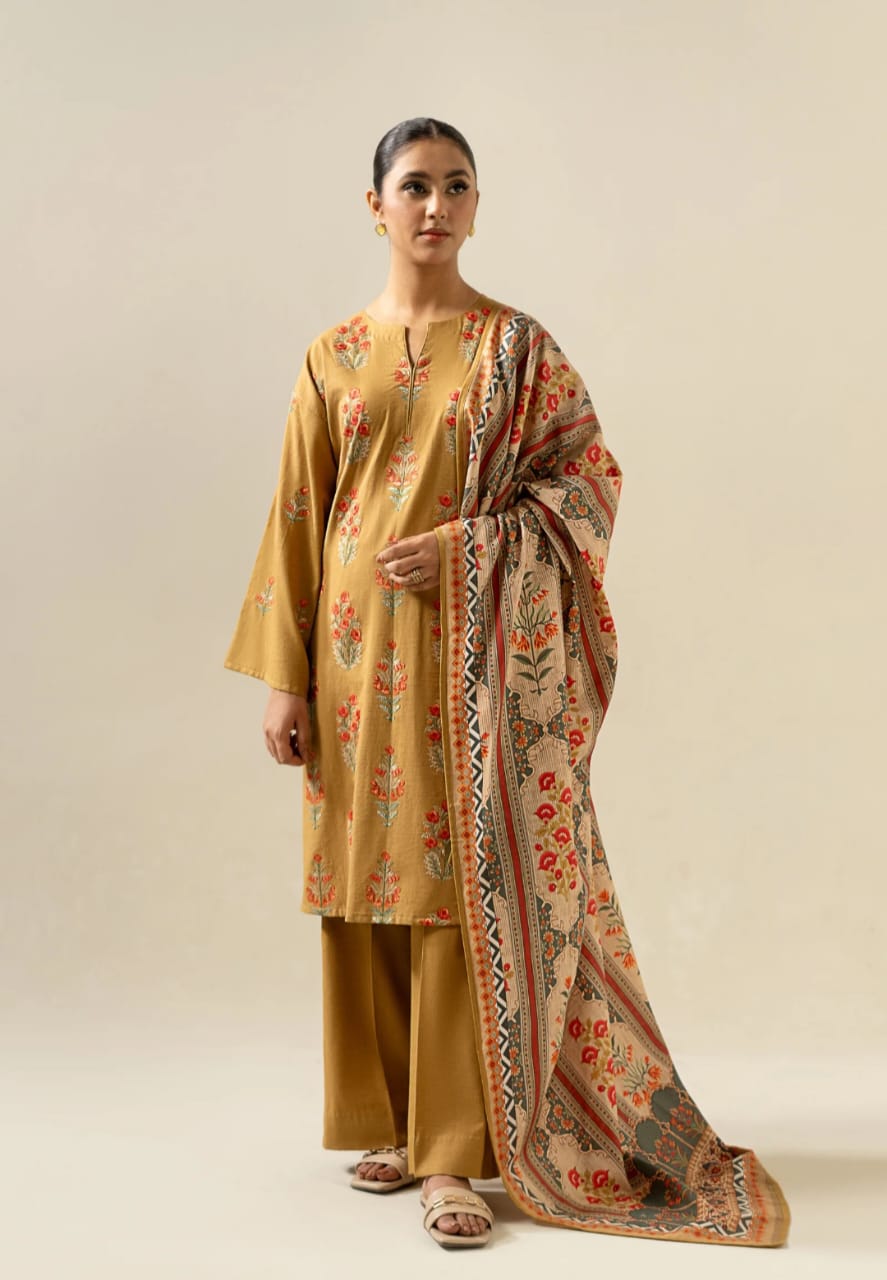Sapphire- 3PC Dhanak Embroidered Shirt With  Twil Print Wool Shawl & Trouser-BIC-3355