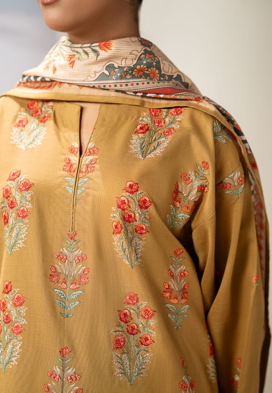 Sapphire- 3PC Dhanak Embroidered Shirt With  Twil Print Wool Shawl & Trouser-BIC-3355