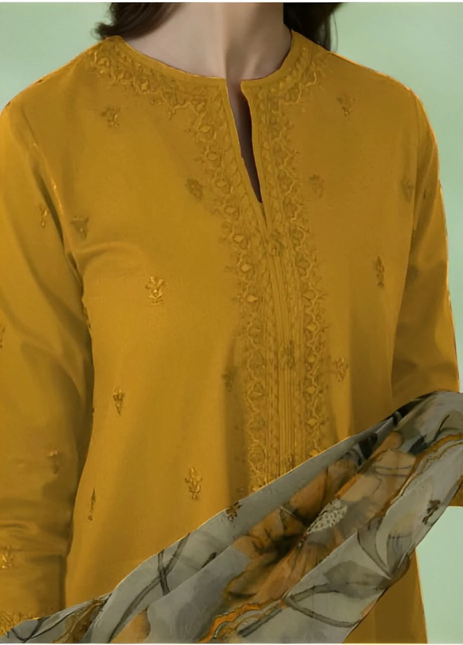 SAPPHIRE - 3PC LAWN EMBROIDERED SHIRT WITH MONARK PRINT DUPATTA-3526-MASTARD