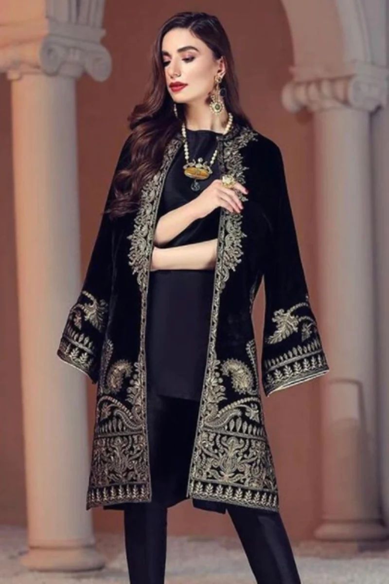 BAROUQUE-2PC VELVET EMBROIDERED SHIRT WITH VELVET EMBROIDERED SLEEVES AND SILK TROUSER -BIC-D-11