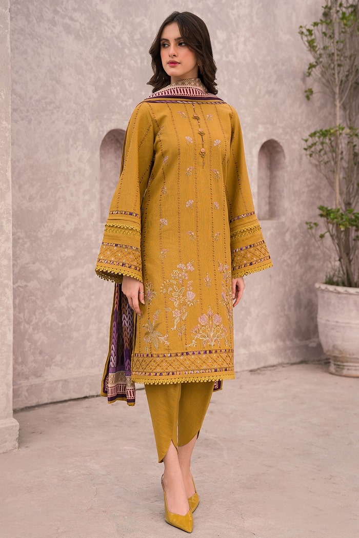 JAZMIN-3PC DHANAK EMBROIDERED SHIRT WITH COUTRAI WOOL PRINTED SHAWL & TROUSER-BIC-4028