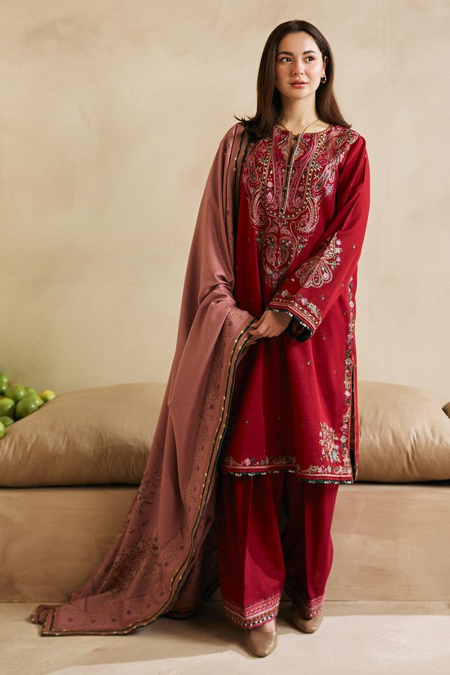 ZARA SHAH JAHAN-3PC DHANAK EMBROIDERED SHIRT WITH COURTRAI WOOL PRINTED SHAWL AND EMB TROUSER-BIC-4042